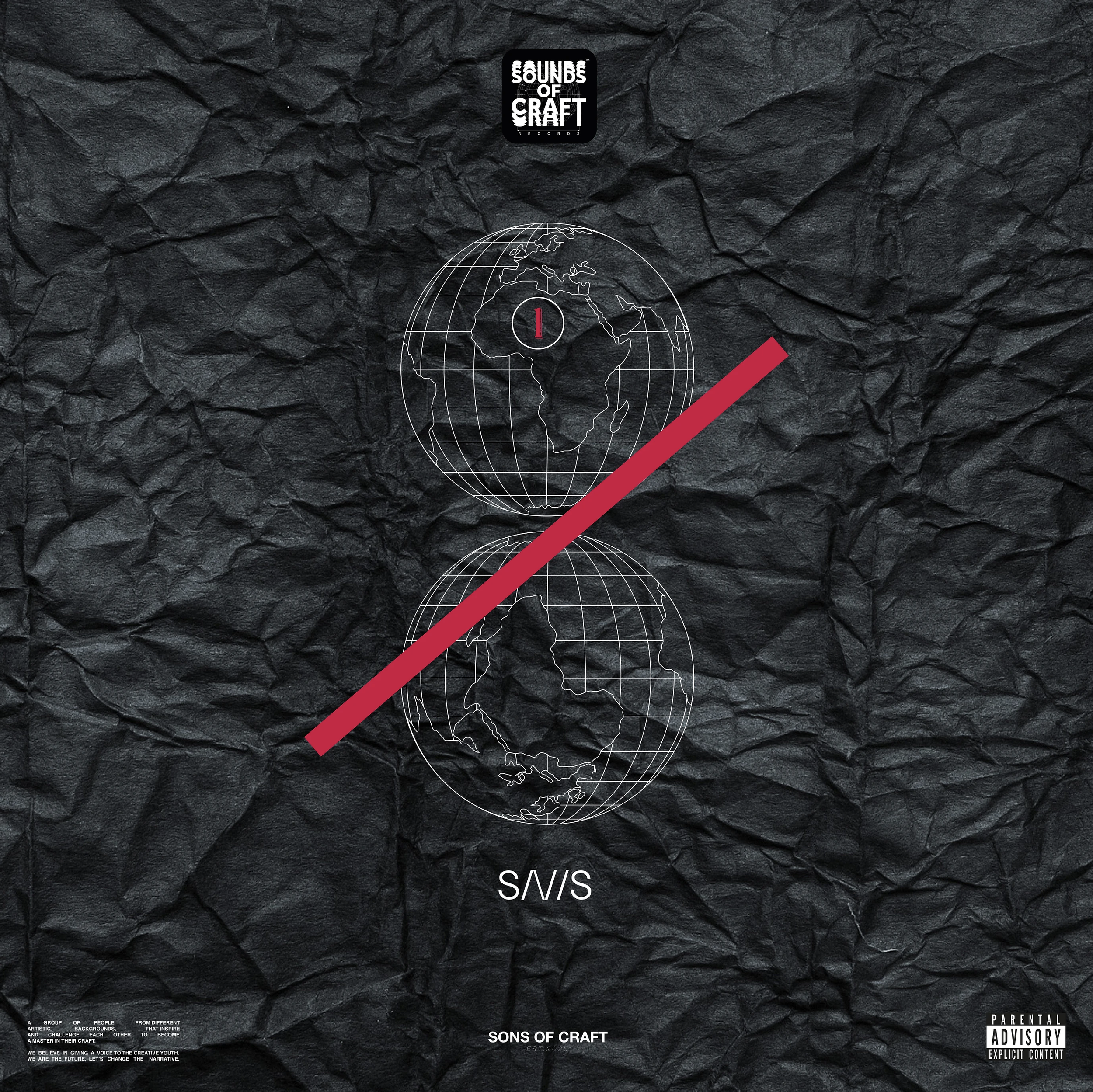 Album cover for "S/V/S" by Sons of Craft featuring a textured black background with crumpled paper look. In the center, there are two white wireframe globes of Earth, one above the other, with a pink diagonal line crossing through them. The top globe has a dark circle with a pink letter "J" inside. At the top, there is a black rectangle with the white text "SOUNDS OF CRAFT RECORDS." Below the globes, the title "S/V/S" is written in white. Small text in the lower corners includes parental advisory and other details.