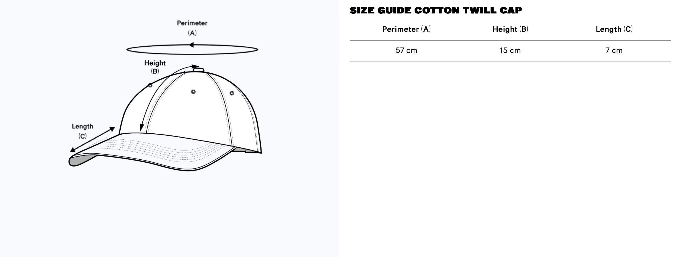 A diagram of a cotton twill cap with labeled measurements for perimeter, height, and length, alongside a size guide table showing specific dimensions in centimeters.