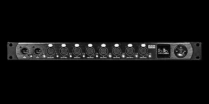 Audio interface with multiple XLR and 1/4 inch inputs and controls.