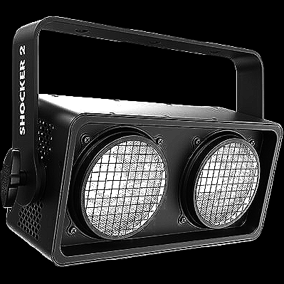 A Smokebox 2 portable LED floodlight with two round light panels and a handle for carrying.