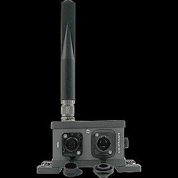 Wireless audio receiver with two XLR outputs and an antenna.