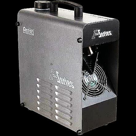 Industrial fog or haze generator with a metallic body and vent at the front