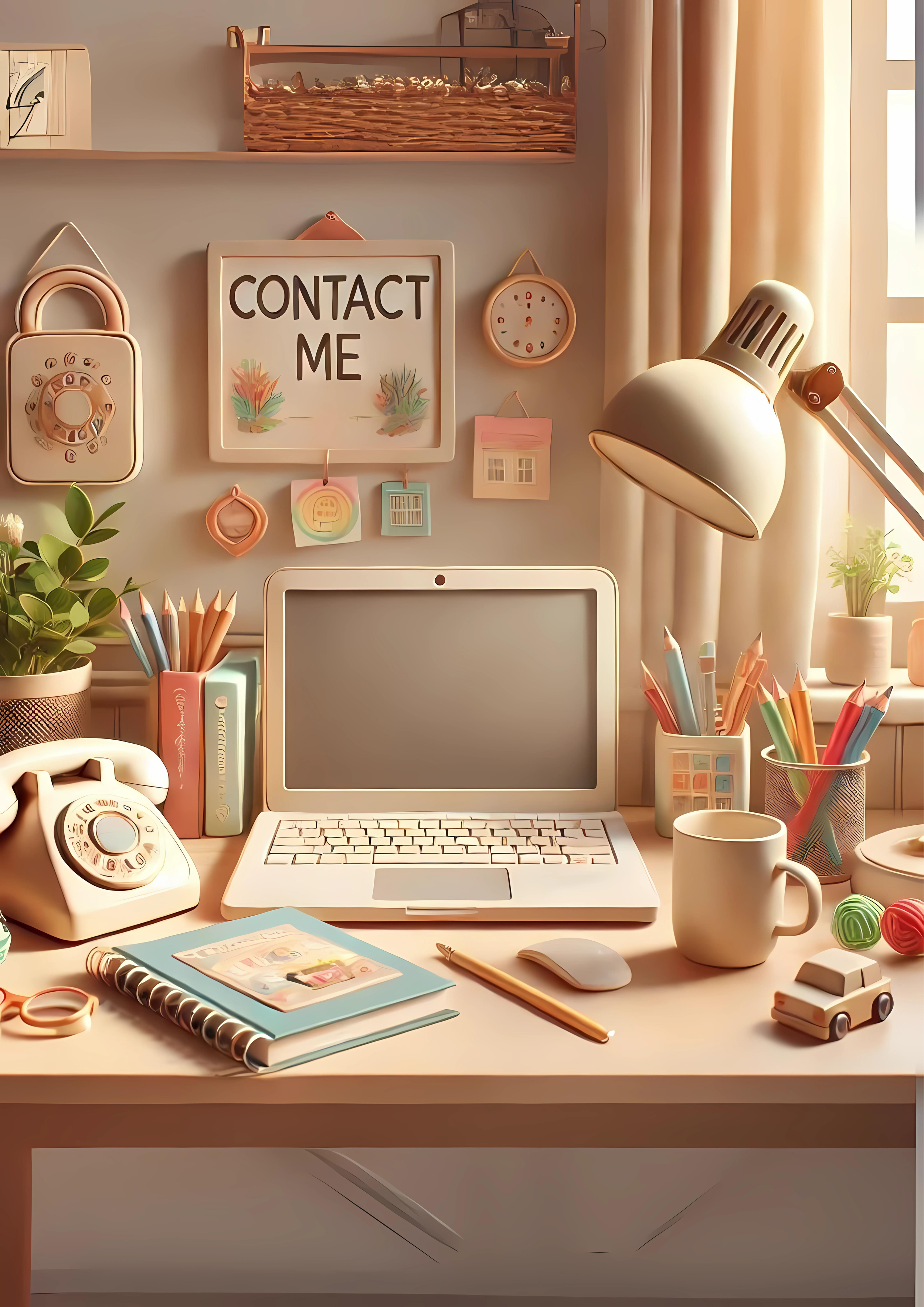 Cozy and inviting contact section with a modern desk setup, featuring a phone, laptop, colorful stationery, and potted plants. The image conveys a professional yet welcoming atmosphere, perfect for an educational website's contact page.