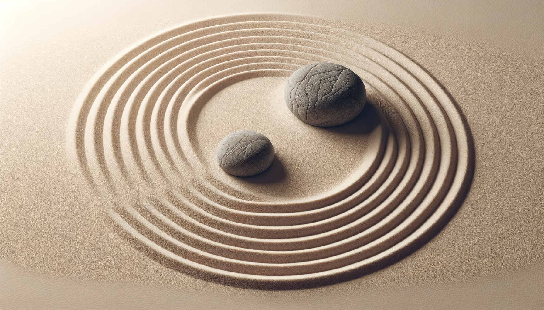 Two smooth, gray stones with natural cracks set on a beige textured surface, surrounded by concentric curved lines in the sand creating a Zen garden pattern.