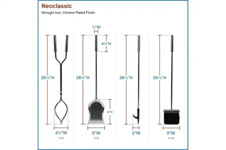 Neoclassic Fireplace Tool Set in Polished Chrome Parts Details