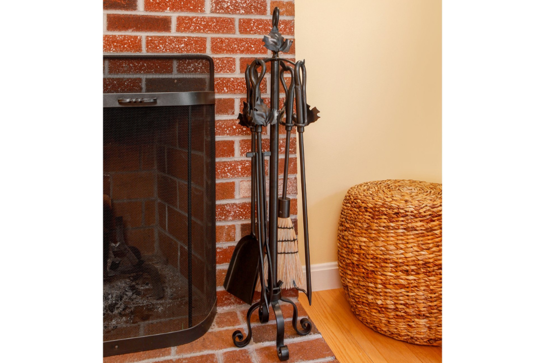 Maple Leaf Fireplace Tool Set – 35” Wrought Iron Tools with Decorative Stand and Graphite Powder Coated Finish