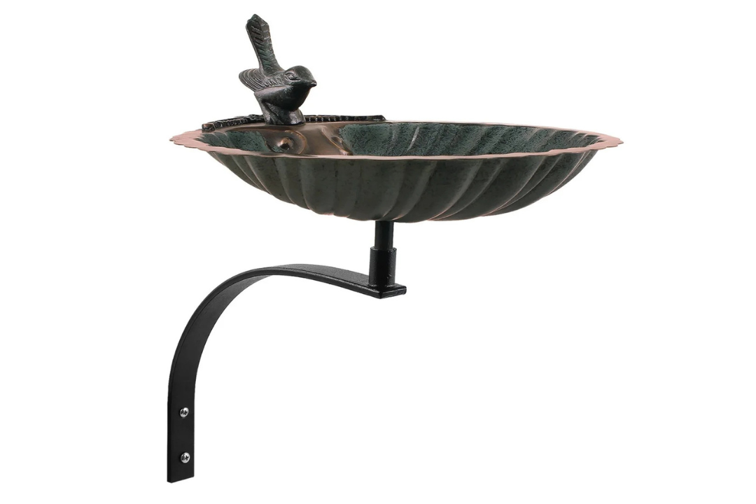 Scallop Shell Birdbath & Wall Mount Bracket With a Sturdy Wrought Iron Bracket