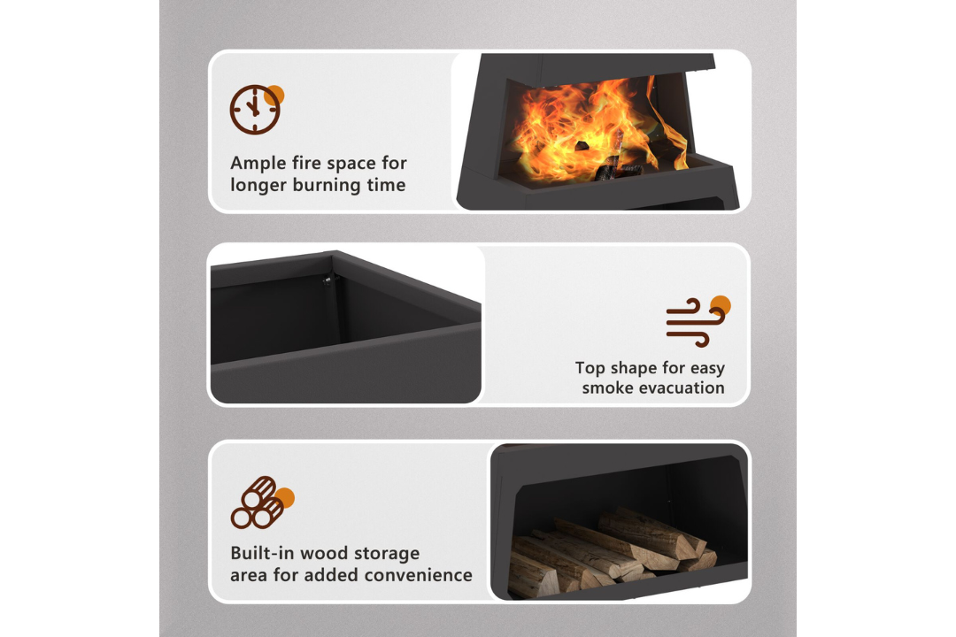 Fire Pit with Log Storage 60 x 35 x 100 cm in Black Cold-Rolled Steel Features