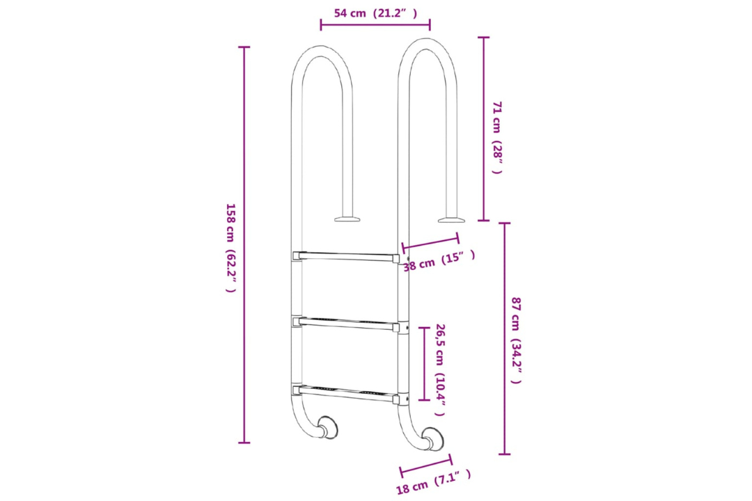 Pool Ladder 54 x 38 x 158 cm 304 Stainless Steel with Non-Slip Steps Specifications
