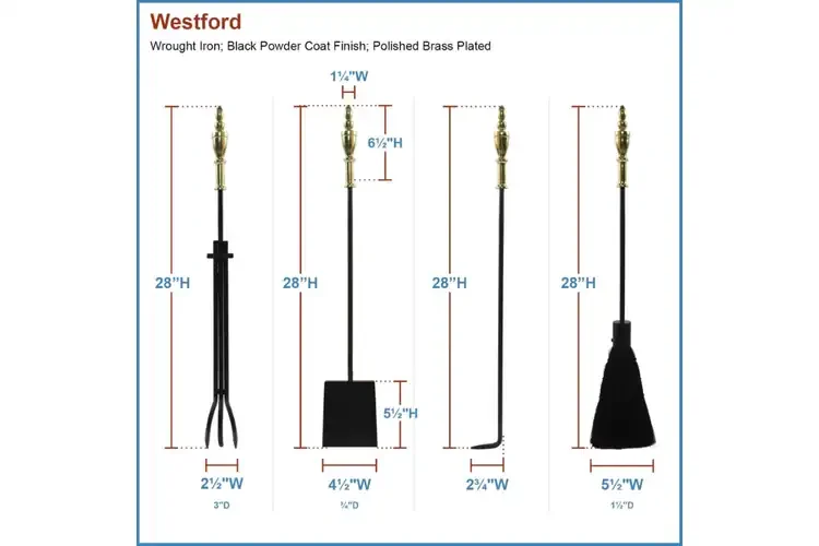 Westford Fireplace Tool Set in Black & Polished Brass Tool Set Details