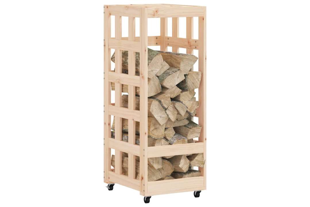 Log Holder with Wheels 40x49x110 cm Solid Pine Wood Firewood Rack in Natural Easy to Assemble