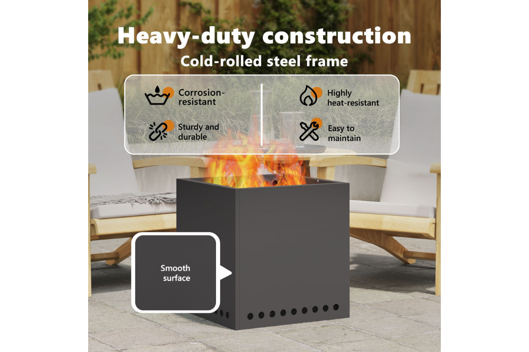 Heavy-Duty Smokeless Fire Pit Square 48 x 48 x 50 cm in Black Cold-Rolled Steel