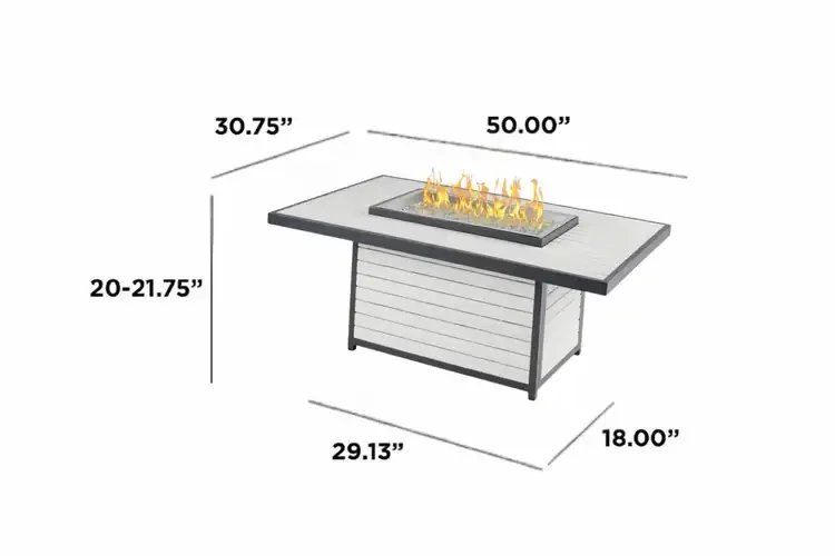 Kenwood and Brooks White Rectangular Chat Height Gas Fire Pit Table Dimension