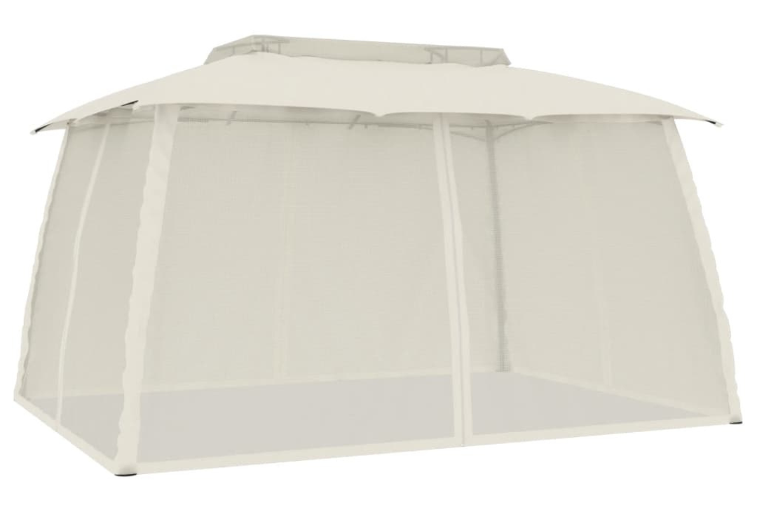 Gazebo with Double Roof & 4 Mesh Walls with Zippers Cream in 3.93 x 2.93 m with Powder-Coated Steel Frame