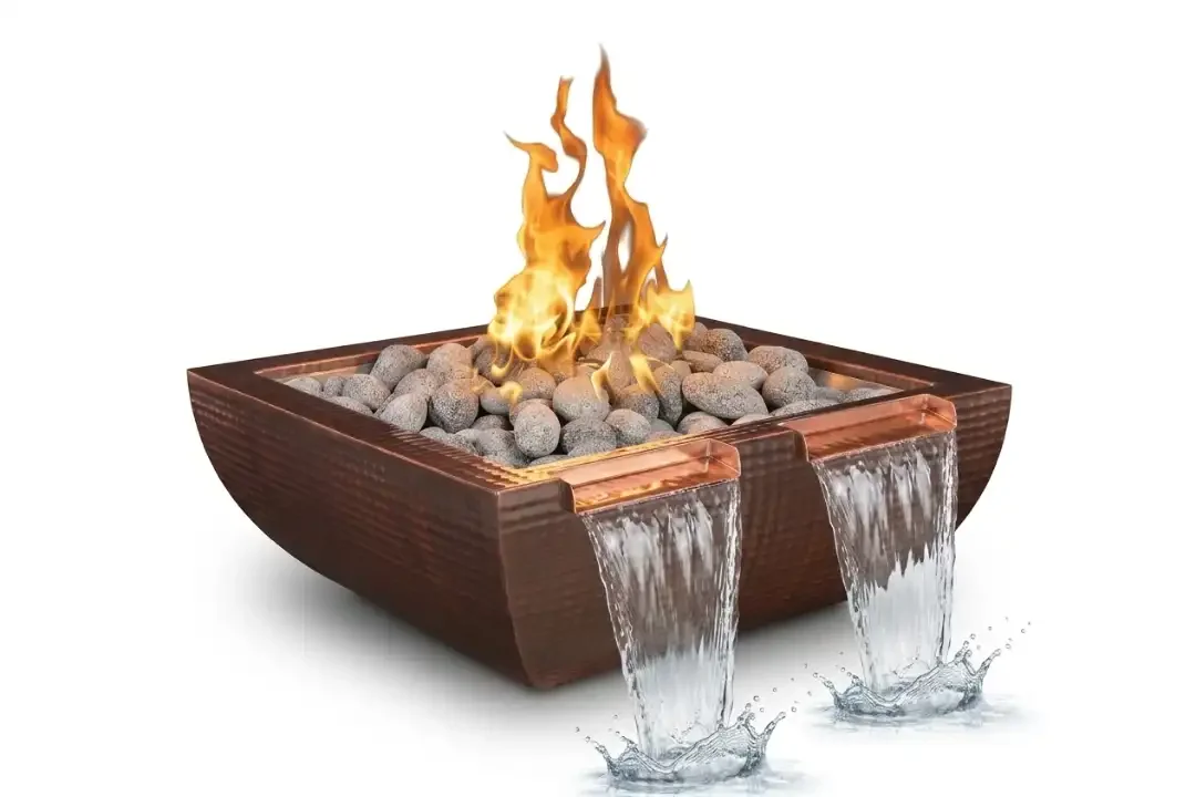 30" Avalon Fire & Water Bowl – Twin Spill - Hammered Patina Copper