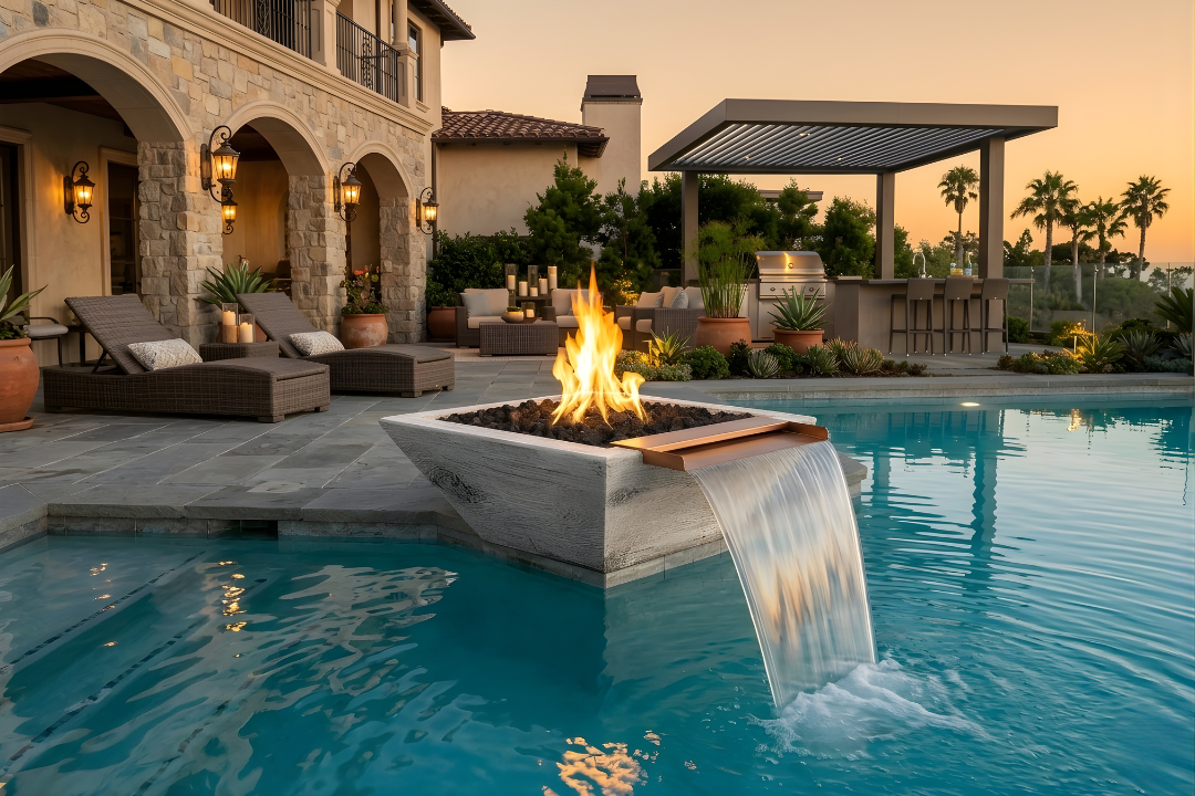 The Outdoor Plus 24" Maya Fire & Water Bowl – Wide Spill, Wood Grain Concrete