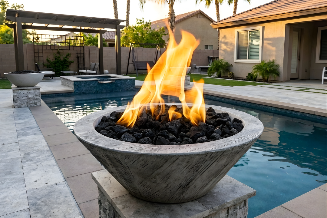 The Outdoor Plus 24" Cazo Fire & Water Bowl – Wood Grain Concrete