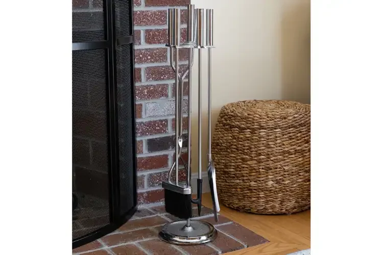 Neoclassic Fireplace Tool Set in Polished Chrome Made from Wrought Iron