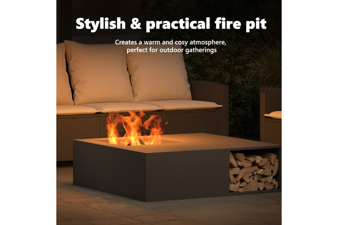 Stylish and Practical Fire Pit with Log Storage 100 x 100 x 30 cm in Black Cold-Rolled Steel