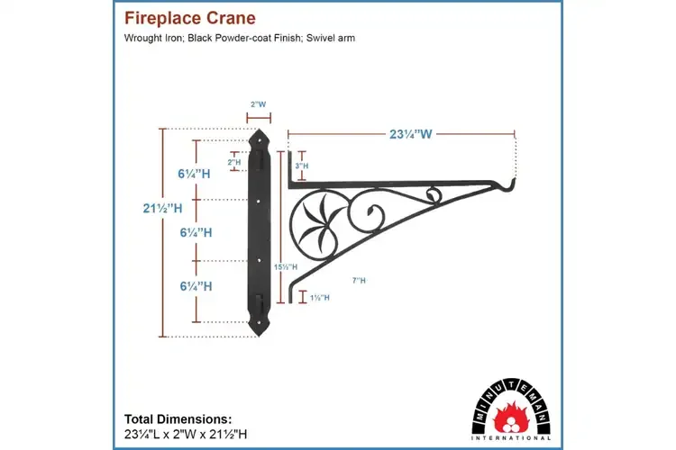 24" Swivel Arm Fireplace Crane – Wrought Iron Hearth Cooking Bracket Specifications