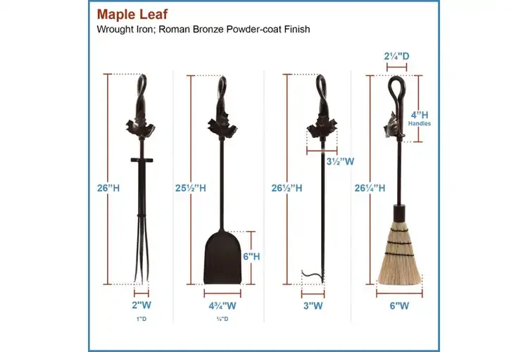 Maple Leaf Fireplace Tool Set – 35” Wrought Iron Tools with Decorative Stand in Roman Bronze Tools Detailed Information