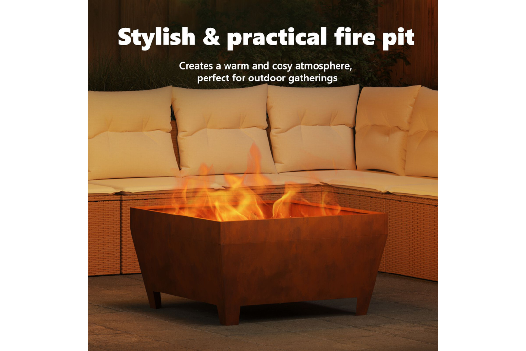Stylish and Practical Fire Pit Square 80 x 80 x 43 cm Steel in Rusty Brown Weathering Steel