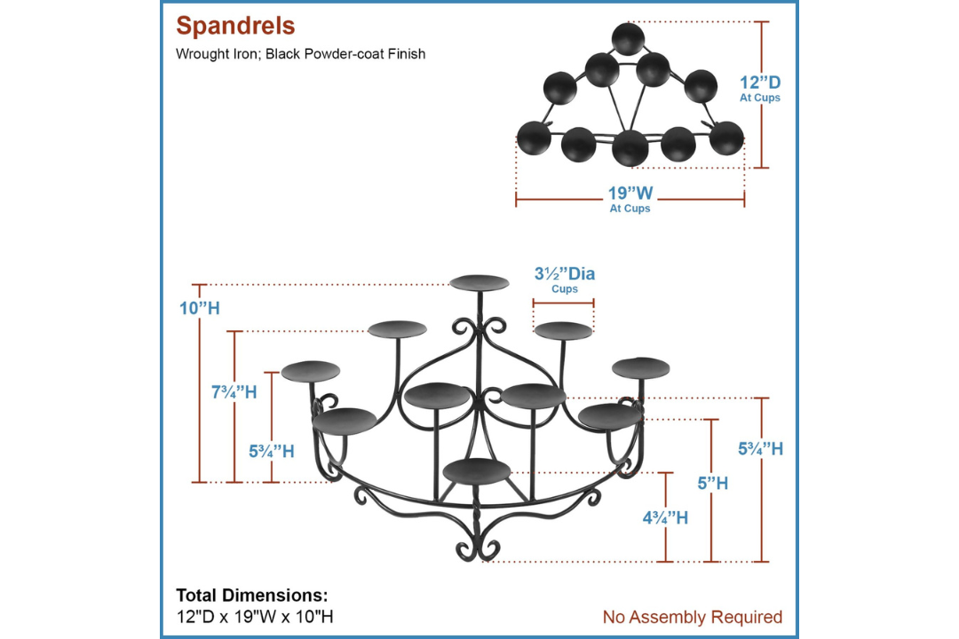 Spandrels Hearth Candelabras – Wrought Iron Candle Holders for Fireplace in 18¾"W x 12¼"D x 9¾"H Specifications