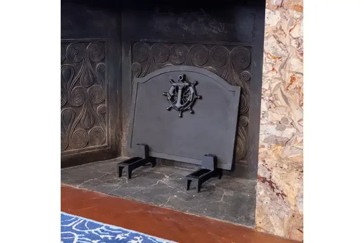 Large Nautical Fireback – Cast Iron Fireplace Back with Anchor & Wheel Design and Black Powder Coated Finish
