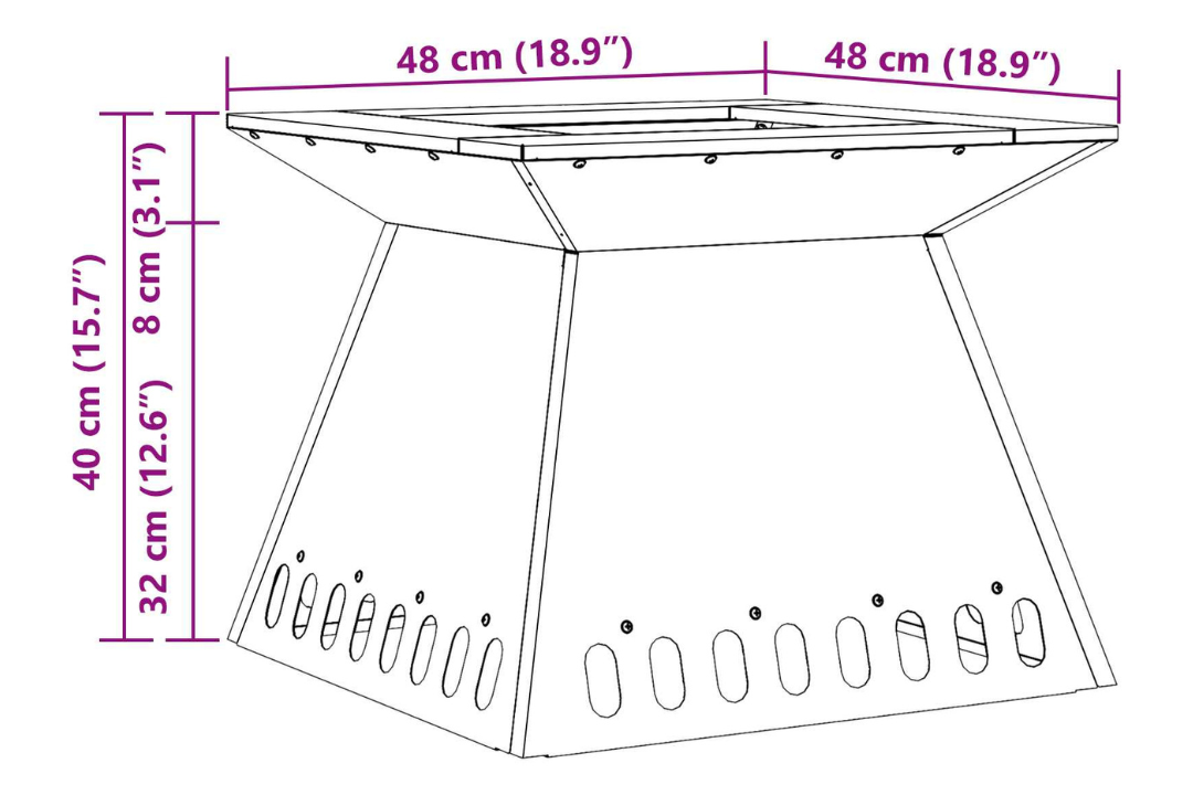 Modern Square Wood-Burning Fire Pit 48x48x40 cm in Black Specifications