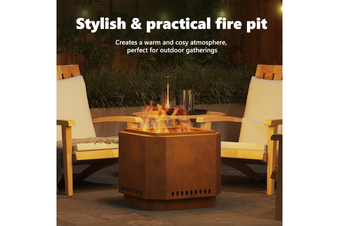 Stylish and Practical Smokeless Fire Pit 58 x 58 x 51 cm in Rusty Brown Weathering Steel