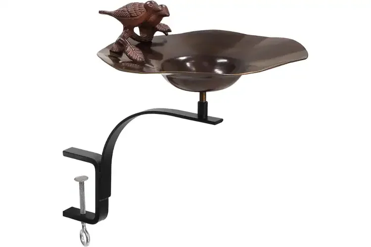 Antiqued Birdbath & Wrought-Iron Railing Bracket