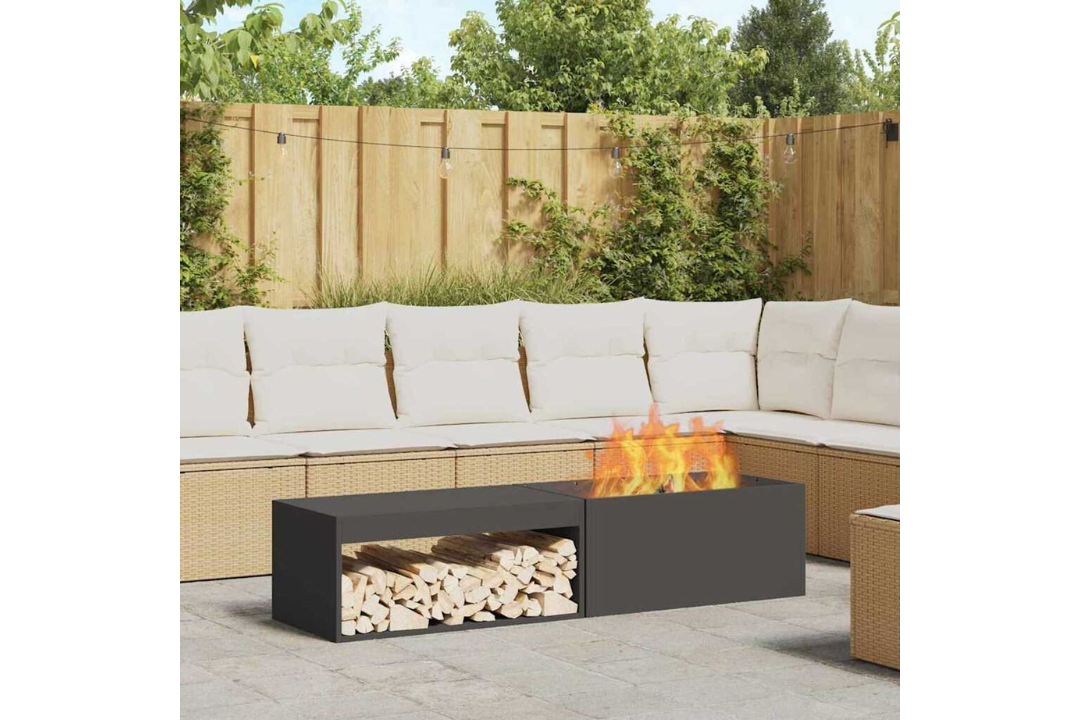 Fire Pit with Log Storage 160 x 45 x 35 cm in Black Cold-Rolled Steel