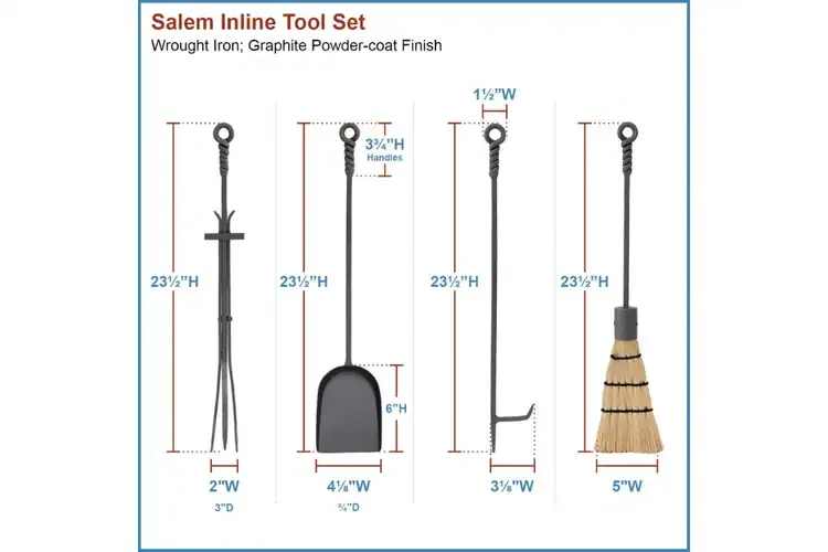 Salem Inline Fireplace Tool Set with Ash Pan and Twisted Rope Handles Detailed Information
