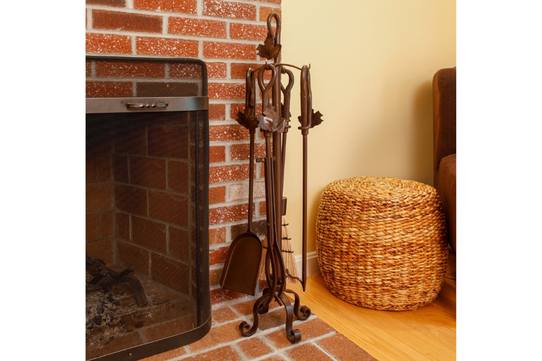 Maple Leaf Fireplace Tool Set – 35” Wrought Iron Tools with Decorative Stand in Roman Bronze