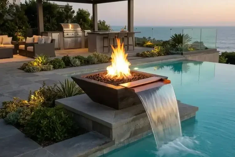 The Outdoor Plus 30" Maya Fire & Water Bowl – Wide Spill, Wood Grain Concrete