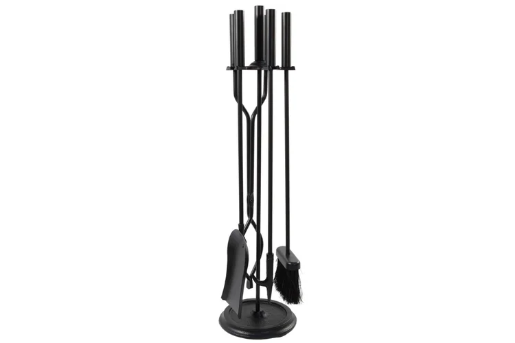 Neoclassic Fireplace Tool Set in Black & Round Base Made from Wrought Iron