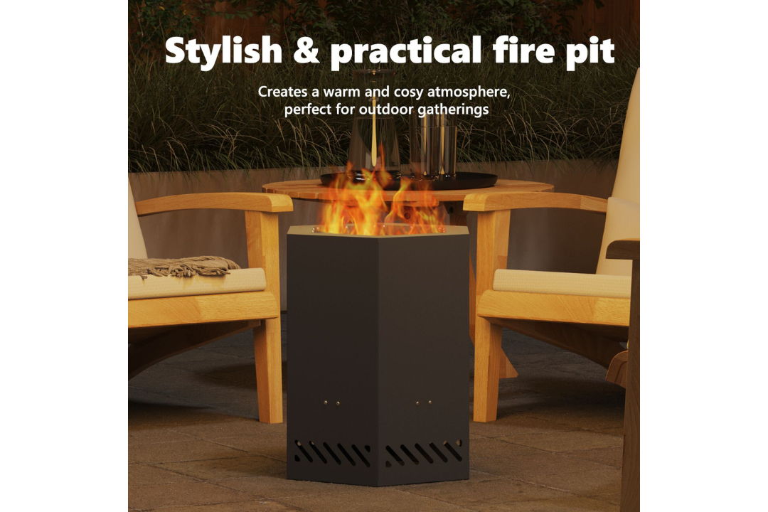 Stylish and Practical Smokeless Fire Pit Hexagonal 38 x 38 x 51 cm in Black Cold-Rolled Steel