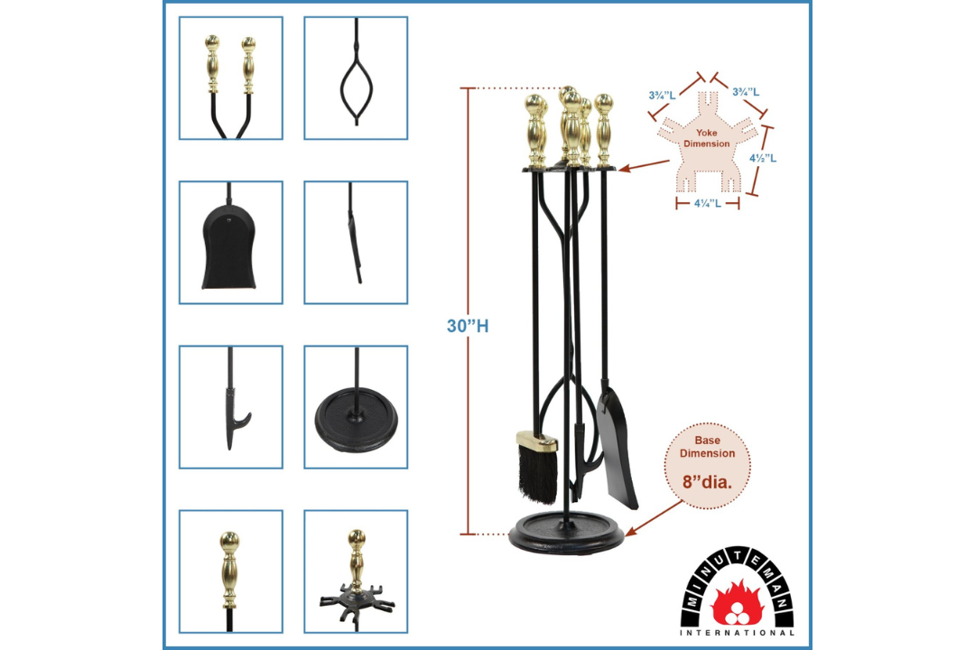 Sutton Fireplace Tool Set in Polished Brass and Black Powder Coated Finish Specifications