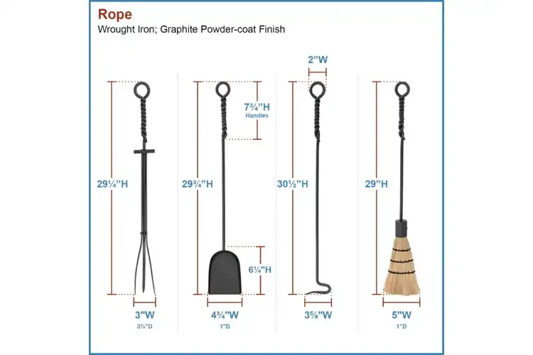 Rope Fireplace Tool Set – 5-Piece Wrought Iron Fire Tool Collection with Twisted Handles and Decorative Stand Detailed Information