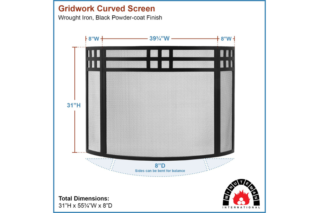Gridwork Curved Fireplace Screen – Wrought Iron 3-Panel Black Finish Specifications