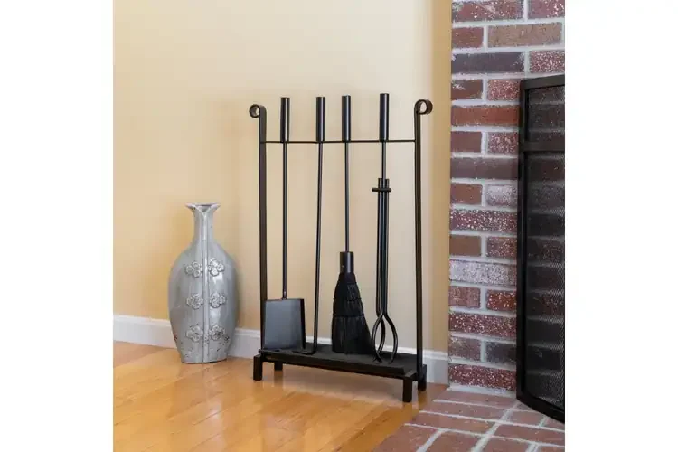 Bedford Inline Wrought Iron Fireplace Tool Set with Ash Pan – Black Finish