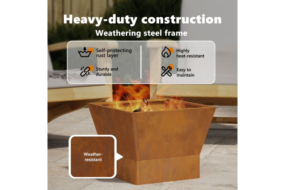 Heavy-Duty Square Fire Pit 40 x 40 x 30 cm Steel in Rustic Brown in Weathering Steel