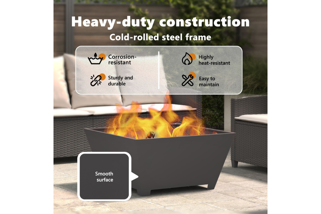 Heavy-Duty Fire Pit Square 80 x 80 x 40 cm in Black Cold-Rolled Steel