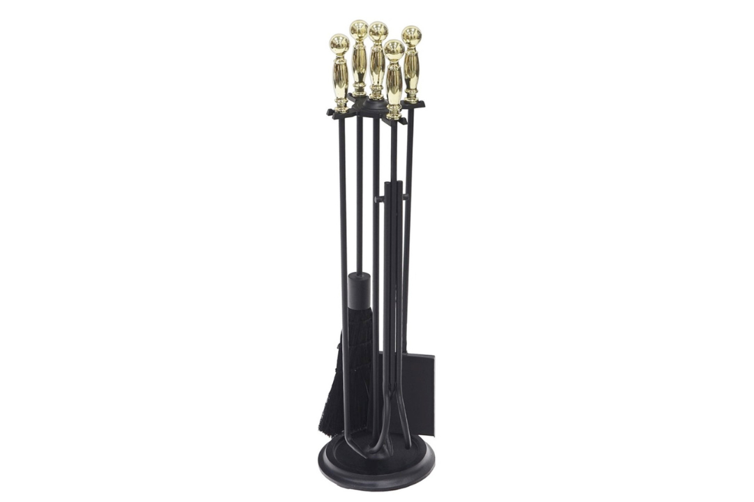 Chelmsford Fireplace Tool Set in Black & Polished Brass Made of Wrought and Cast Iron