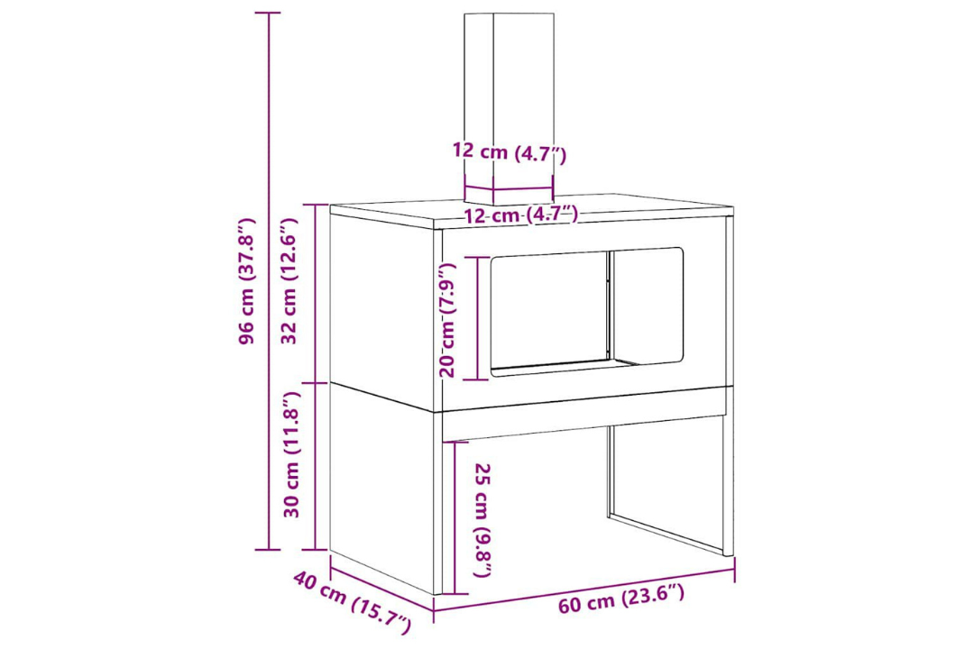 Fire Pit with Chimney 60 x 40 x 96 cm in Black Cold-Rolled Steel Specifications