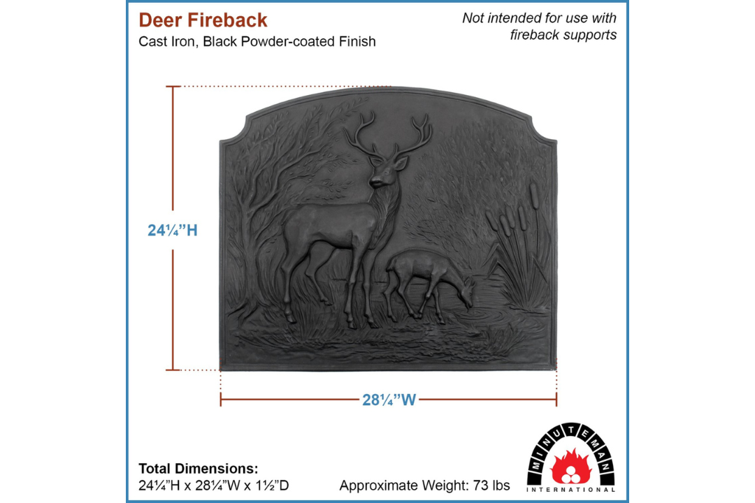 Deer Fireback – Cast Iron Fireplace Insert with Stag and Doe Woodland Scene Specifications