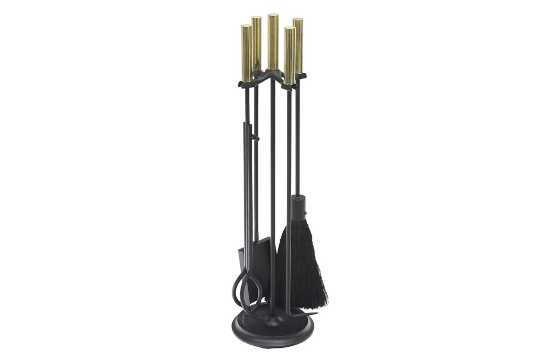 Bedford Fireplace Tool Set in Black and Polished Brass Made of Wrought Iron and Cast Iron