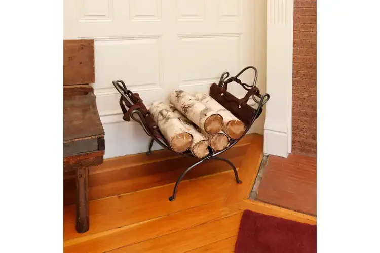Folding Wrought Iron Log Holder with Suede Firewood Carrier