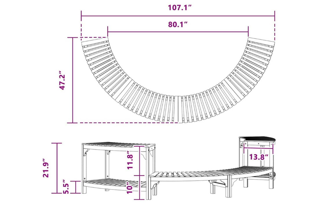 Hot Tub Surround Half-Round Solid Wood Acacia in 272 x 120.5 x 55.5 cm Specifications