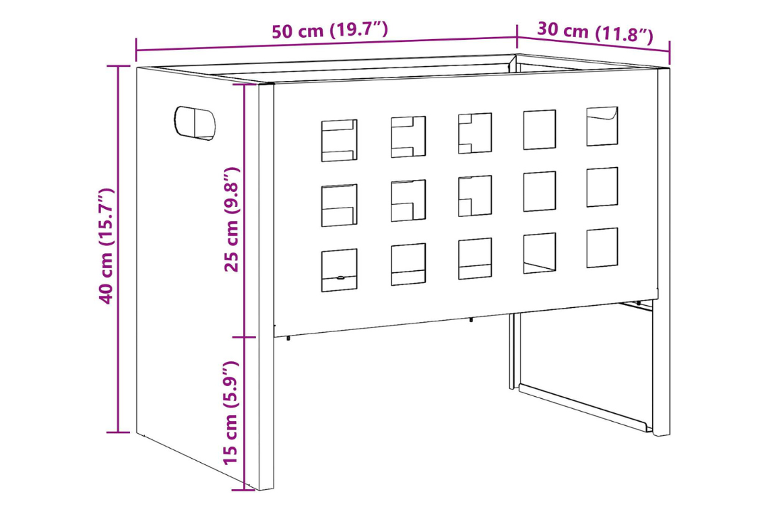 Fire Pit Rectangular 50 x 30 x 40 cm in Rusty Brown Weathering Steel Specifications